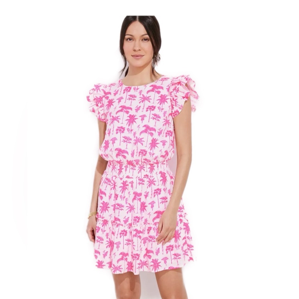 Vineyard Vines Smocked Ruffle Palm Tree Linen Dress
